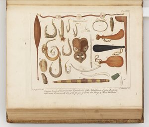 Olika typer av instrument, redskap & c av invånarna i Nya Zeeland, illustration från A journal of a voyage to the South Seas: in His Majestys ship, the Endeavour, 1794 (handkolorerad gravyr